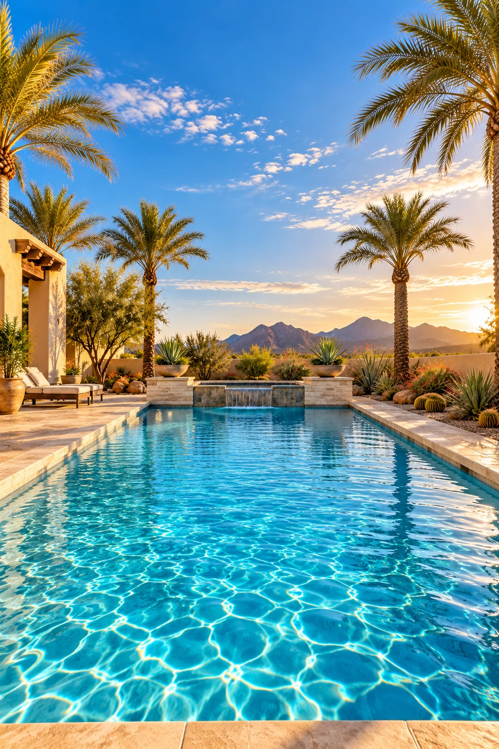 Sunlit turquoise pool framed by desert plants and pale stone