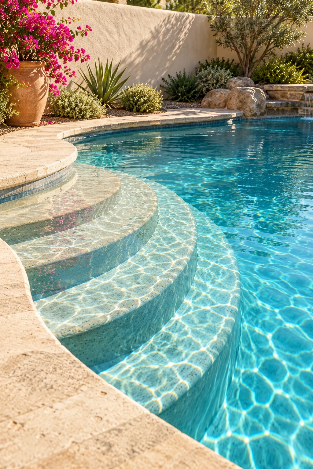 Clear pool water and pale curved steps beside desert planting